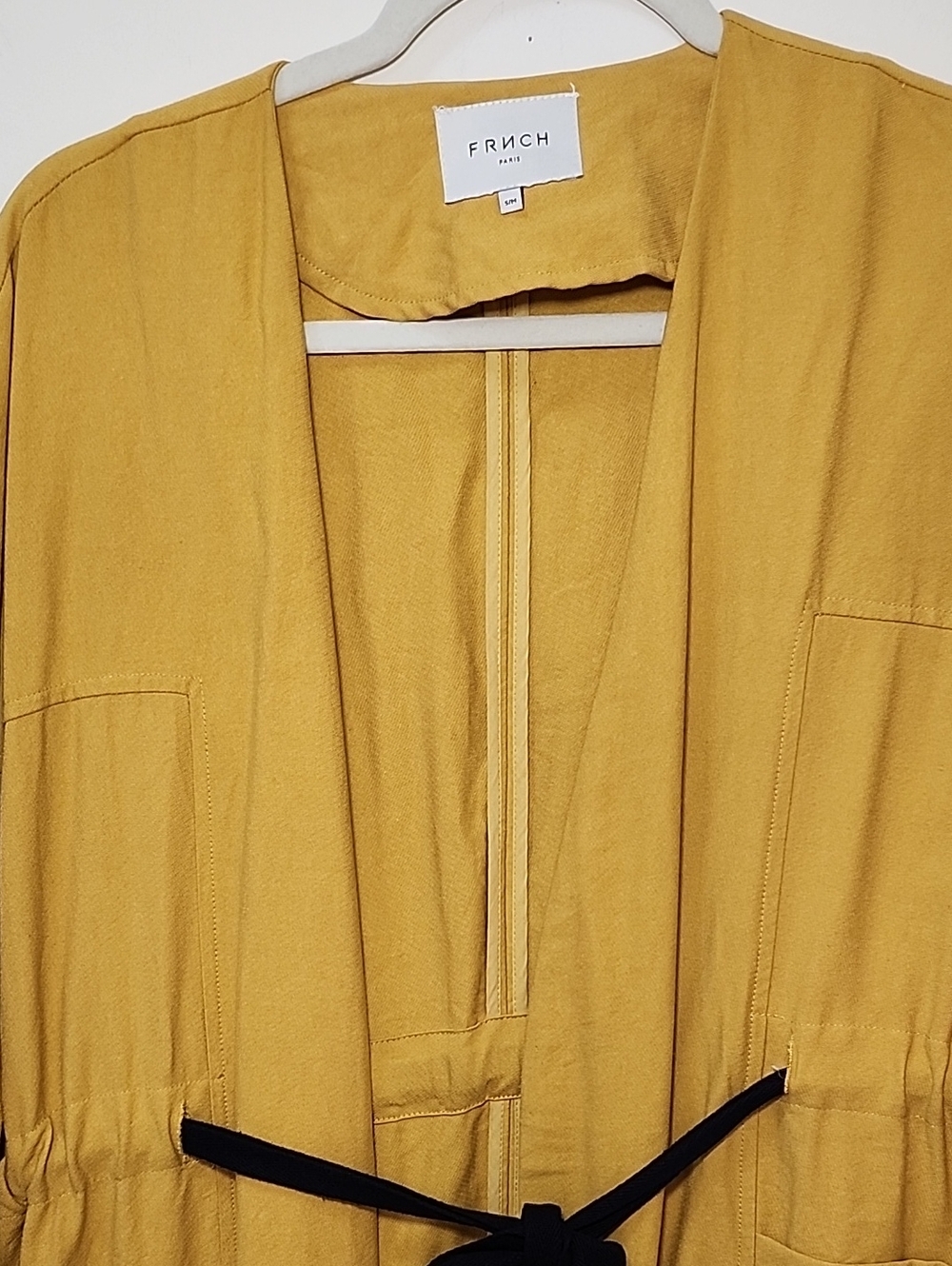 FRNCH PARIS Mustard Yellow Long Sleeve Open Front Blazer Black Tie Size S/M - Picture 7 of 16